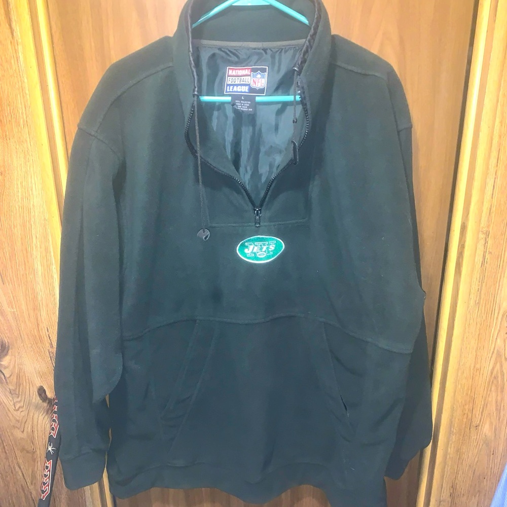 Vintage New York Jets Sweatshirt Men's Green  Black Trim Collar W/pockets Large